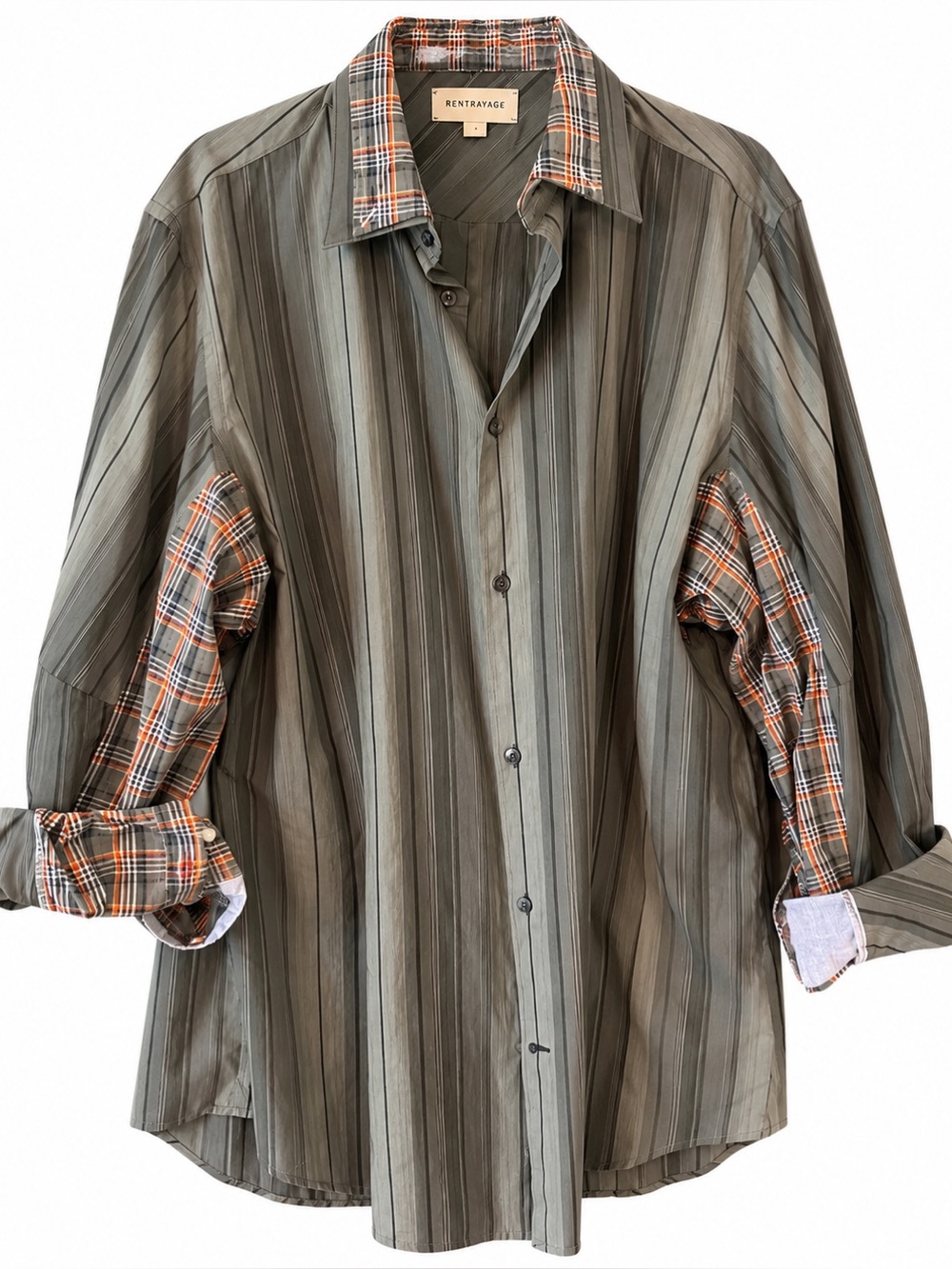 Rentrayage Mixed Media Upcycled  Plaid & Striped Button Front Shirt. Unusual